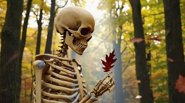 Skeleton holding a leaf in a forest. Scene is eerie and mysterious. The skeleton is a symbol of death and the leaf represents life. The forest setting adds to the sense of mystery