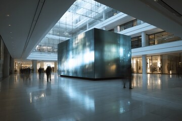Bright modern airport terminal interior with large digital artwork installation under glass ceiling and spacious walkways with travelers
