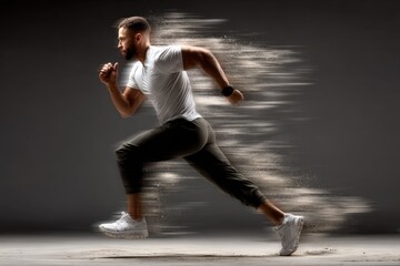 Dynamic Running Man with Motion Blur Effect in Modern Studio Shot Showing Speed and Movement Energy in Athletic Sportswear