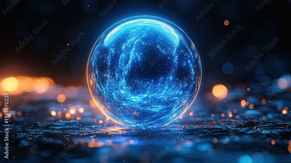 Poster abstract blue sphere with glowing reflections, futuristic minimal design element for digital backgro
