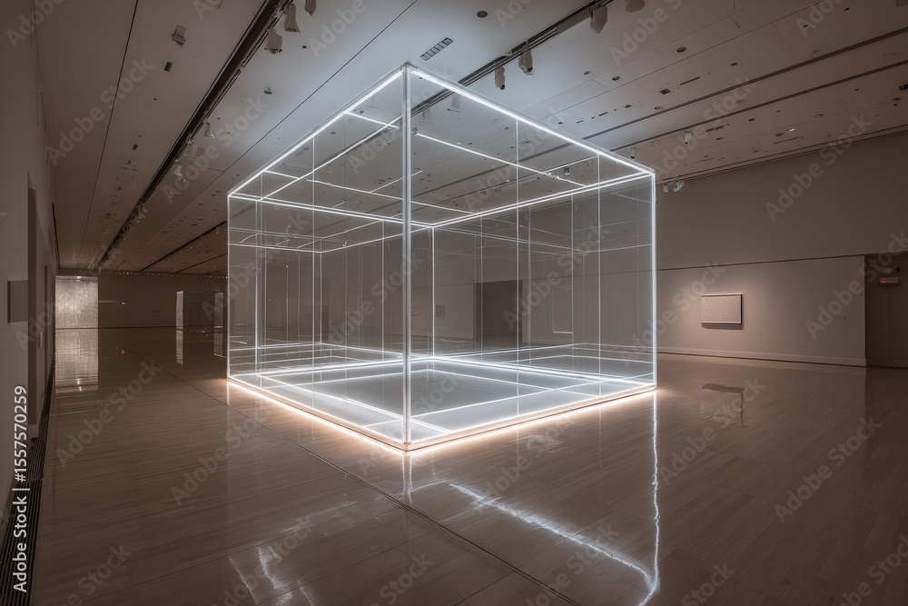 Poster Modern Art Installation Featu Illuminated Transparent Cube in Spacious Contemporary Gallery with Minimalist Design and Reflective Floor