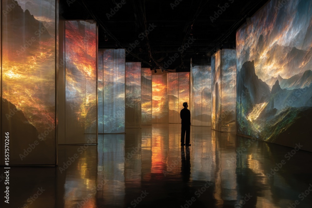 Poster large immersive digital art installation featu expansive panoramic landscape projections with colorf