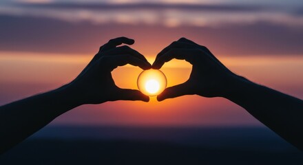 Silhouette hands forming a heart shape around the setting sun.