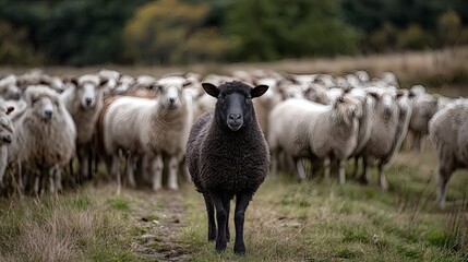 Obraz premium Striking Black Sheep Standing Out from Flock, Unique Portrait with Artistic Soft Focus Background in Countryside Pasture