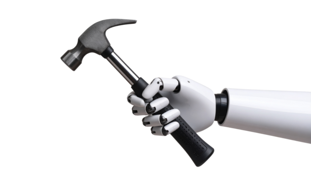 Futuristic robot hand taking hammer isolated on white background. png
