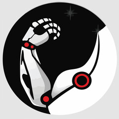 A bold vector illustration showcasing a flexing robotic arm against a split black and white background, symbolizing strength, AI, or advanced technology.