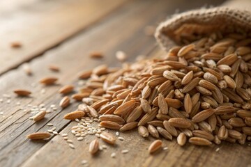Obraz premium Captivating closeup of raw brown rice grains in natural setting food photography organic kitchen environment macro viewpoint for culinary appreciation
