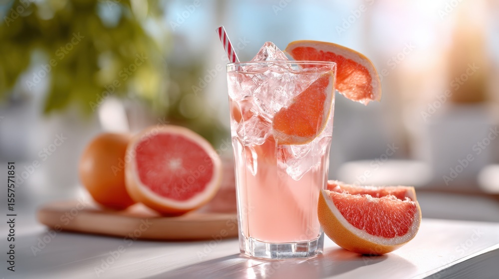 Poster Refreshing Pink Grapefruit Cocktail with Ice Cubes and Slice Garnish in a Clear Glass on a Bright Table with Whole and Halved Grapefruits in the Background