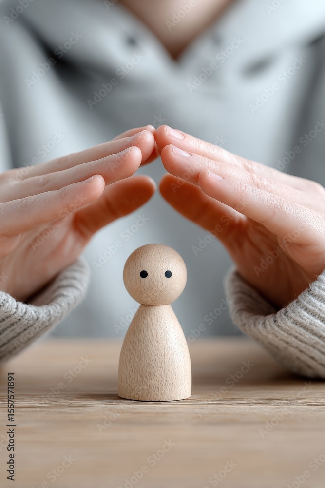 Poster close-up of a person protecting a small wooden figurine with their hands with a blurred person in th