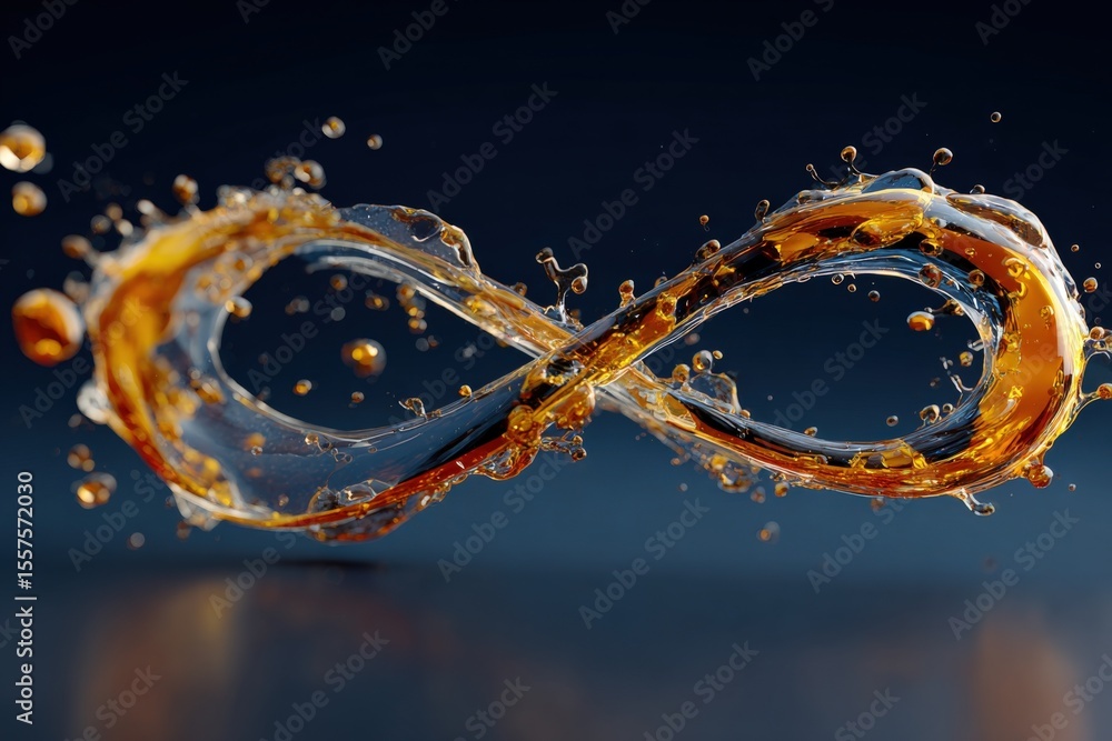 Poster Intricate Golden Liquid Infinity Symbol Created with Splash Effect in Motion on Dark Background for Art and Design Use