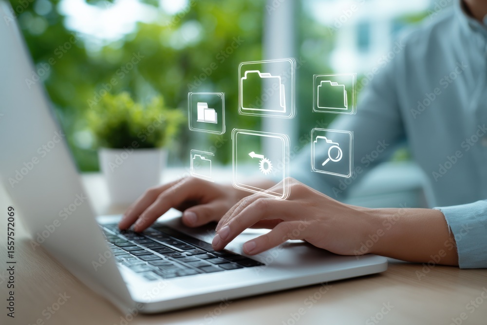 Poster Modern person using a laptop outdoors with digital cloud server icons representing data storage and cloud technology in a bright green environment