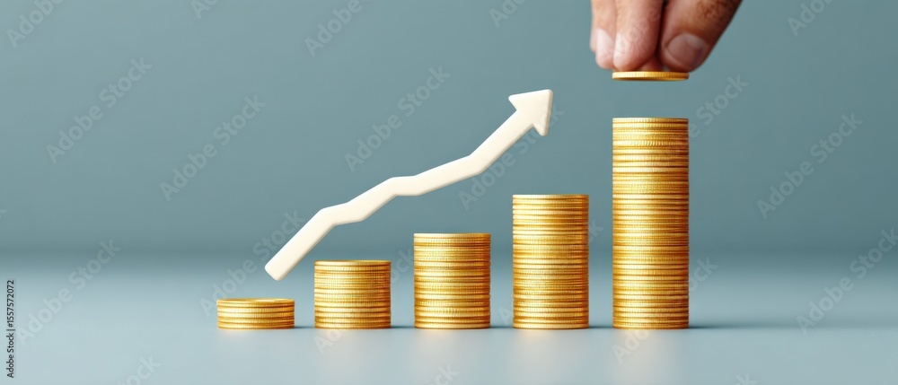 Poster business growth concept with hand stacking coins increasing with graph arrow on blue background