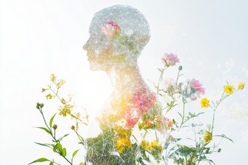 Obraz premium Double exposure of woman with floral elements and geometric patterns