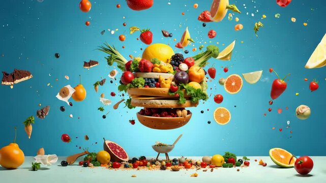 Floating layers of bread, fruits, vegetables, create a vibrant explosion of healthy food