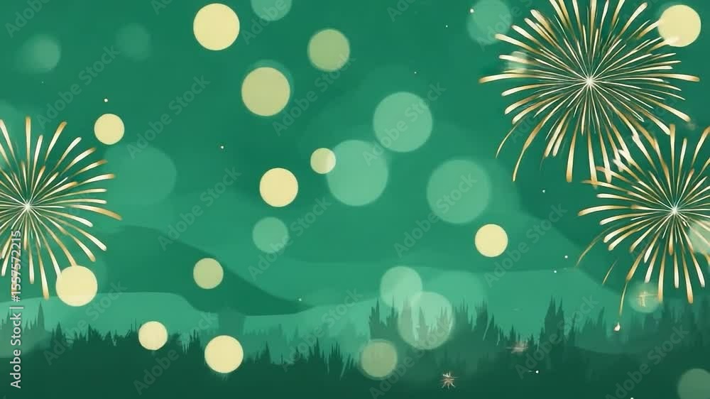 Aufkleber green background with fireworks in the sky. the fireworks are in different sizes and are scattered t