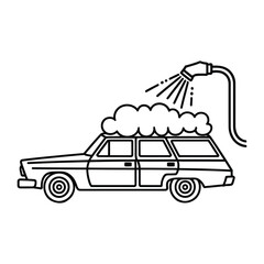 Family Car Wash Day Icon, Vector, Illustration, Outline, Line Art, Silhouette, Logo, White Background.
