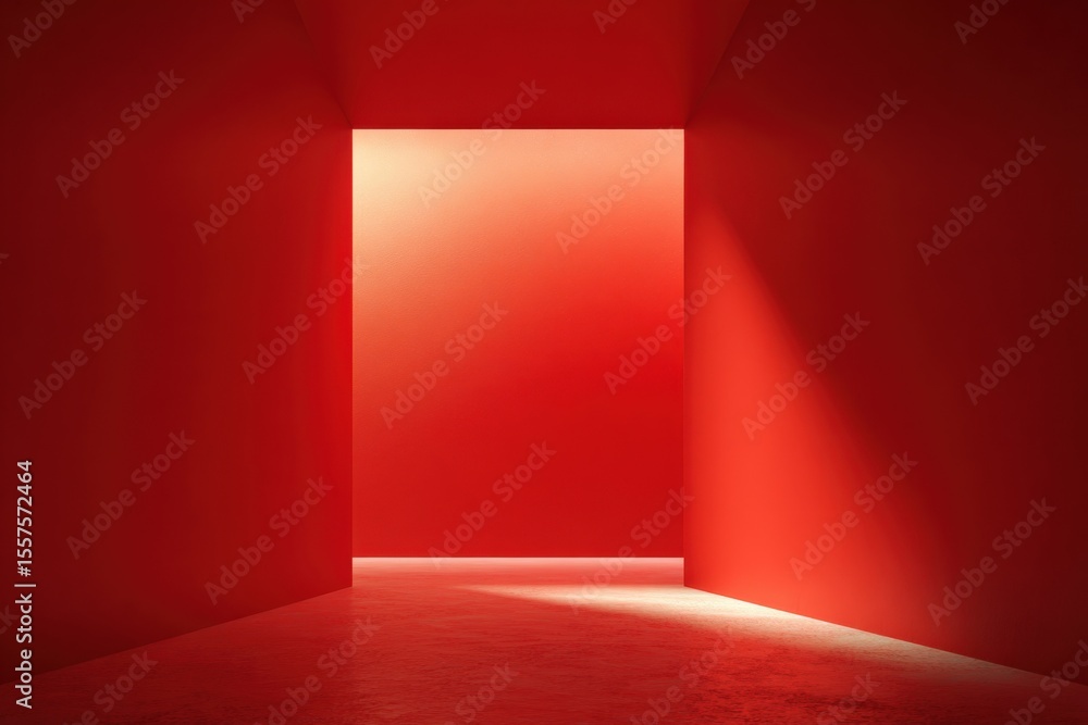 Aufkleber vibrant red room with sunlight streaming through an open doorway creating bright illumination and de