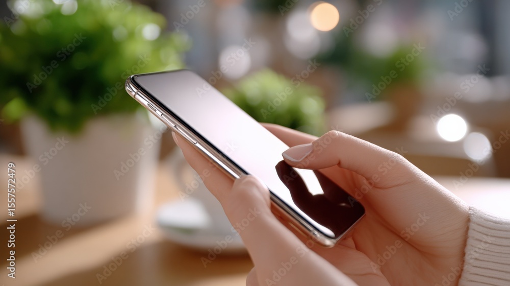 Poster Close-up of a person holding a modern smartphone with a blank screen in a bright indoor setting with a blurred background and natural light