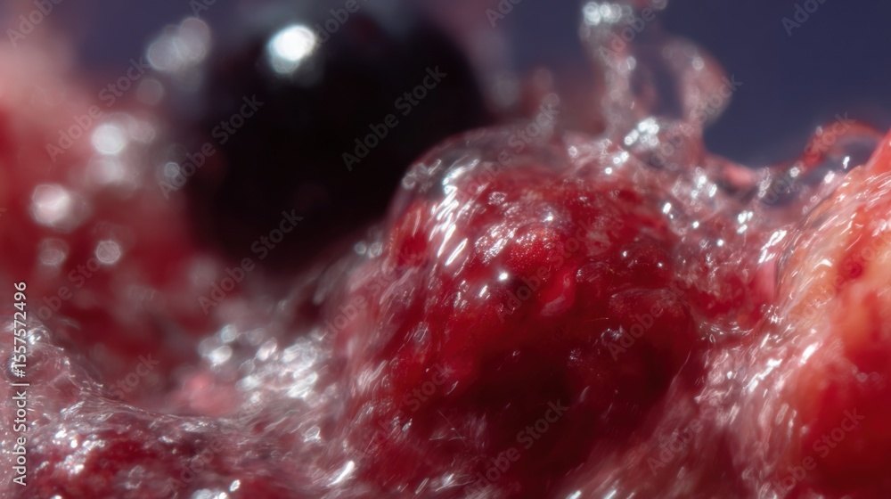 Poster Close-up of Fresh Red Berries Splashing in Water with Droplets and Dynamic Motion Effect