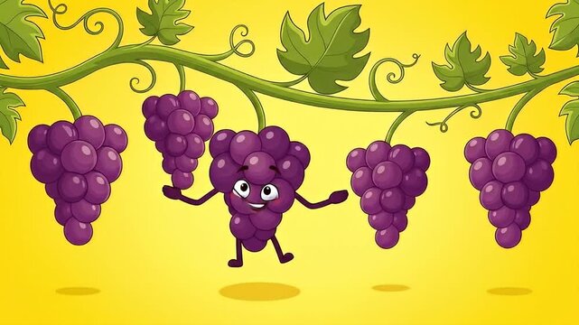 Happy Cartoon Grapes Character Dances on Yellow Background