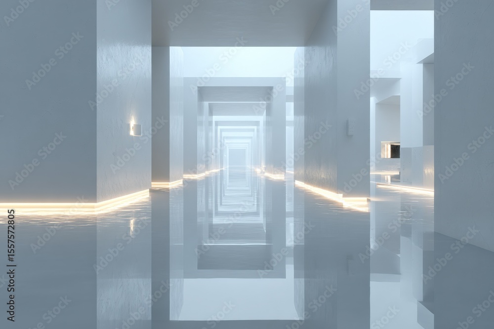 Poster modern minimalist corridor with illuminated floor lines extending into the distance, sleek white wal