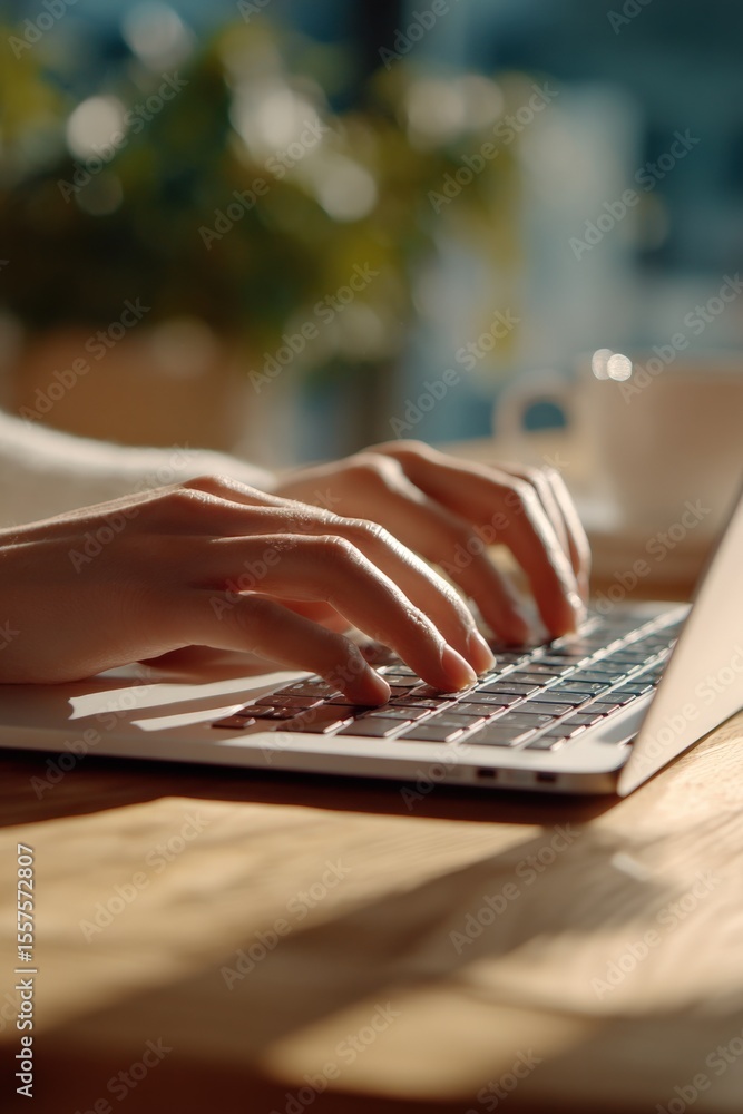 Poster Close-up of hands typing on a laptop keyboard in a cozy environment with sunlight illuminating the workspace and blurred background