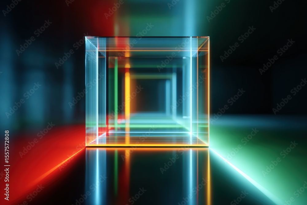 Poster Futuristic Neon Light Tunnel with Glowing Frames and Dynamic Vibrant Color Transitions in a High-Tech Environment