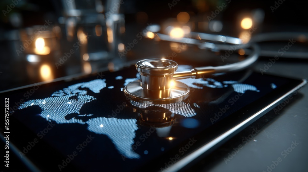 Poster Modern digital tablet displaying a world map with glowing lights and a reflective surface in a dark setting for technology and global connectivity concepts