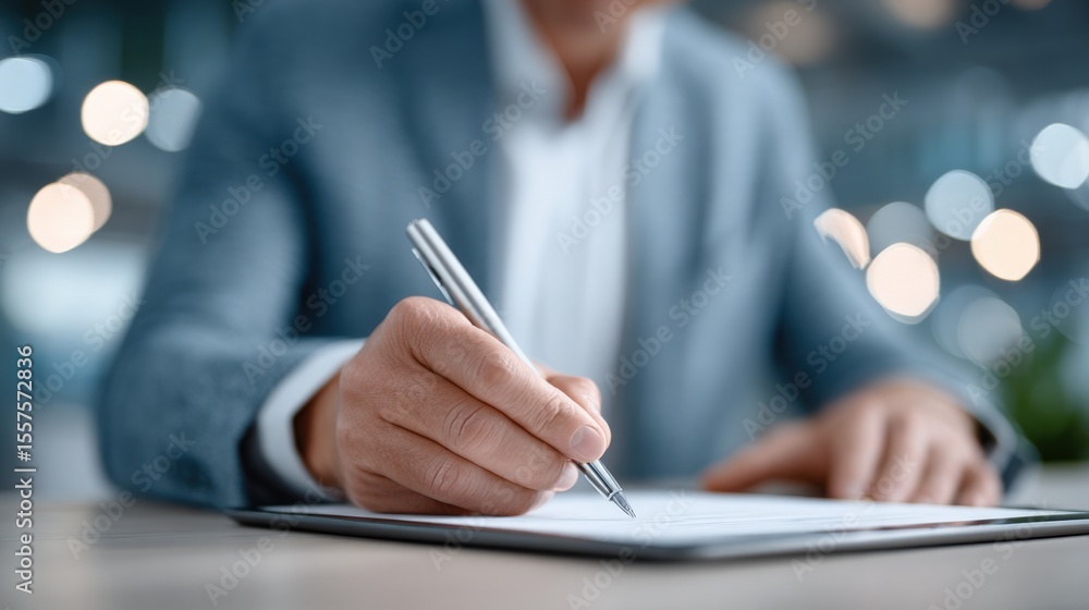 Poster business professional writing in a notebook du a meeting with blurred background light effects and m