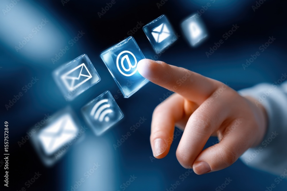 Leinwandbilder Modern digital communication concept with a person interacting with floating email and internet icons in a futuristic high-tech environment