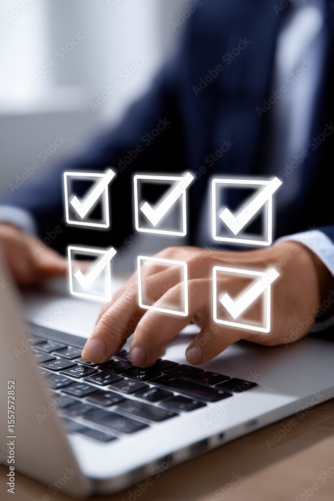 Poster businessman in formal suit checking boxes on transparent digital interface du work at office desk wi