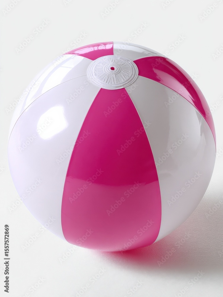 Poster bright pink and white striped inflatable beach ball with shiny surface pointing towards camera isola