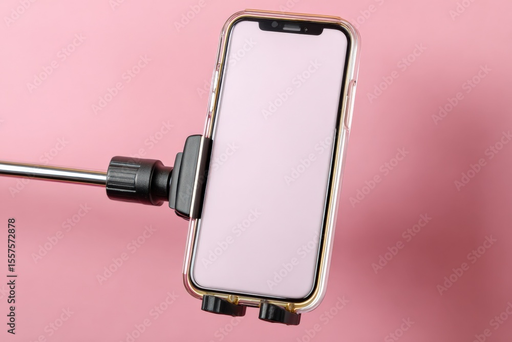 Poster modern smartphone holder mount with adjustable clamp on a pink background designed for mobile device