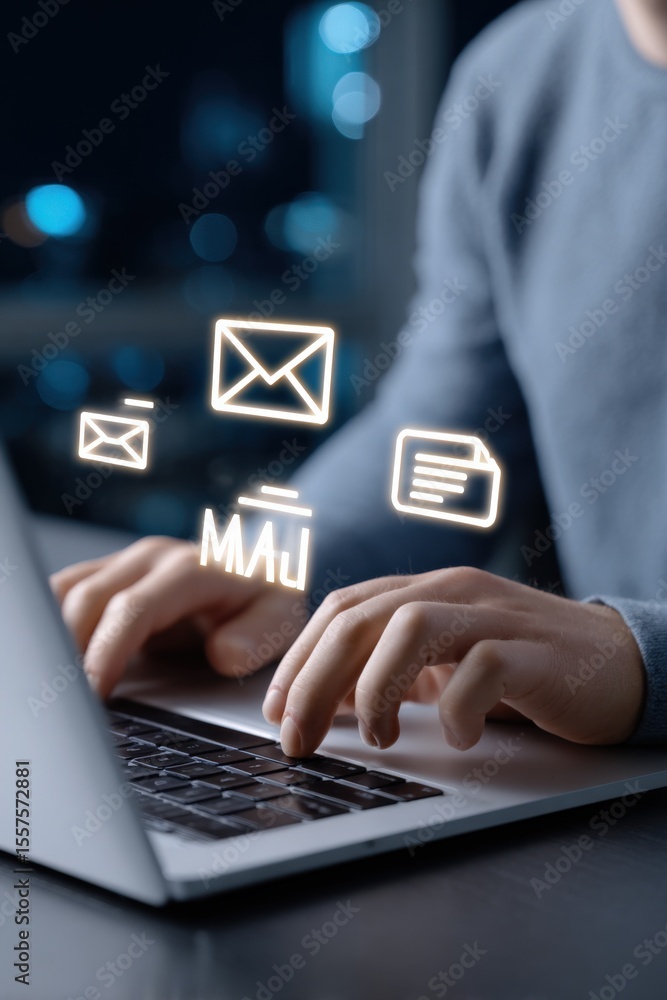 Poster modern digital communication and email messaging technology concept with glowing icons for email, me