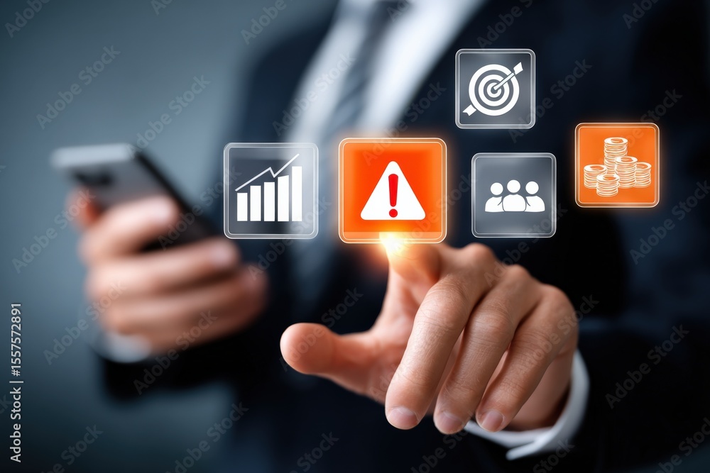 Aufkleber Businessman in formal suit using smartphone with digital icons representing data analysis alerts growth and team collaboration on futuristic interface