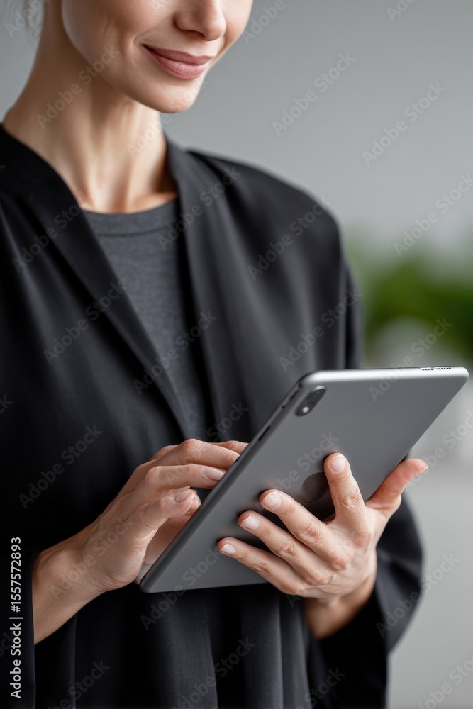 Poster woman holding smartphone using touchscreen smart device with focus on hand and mobile phone close-up