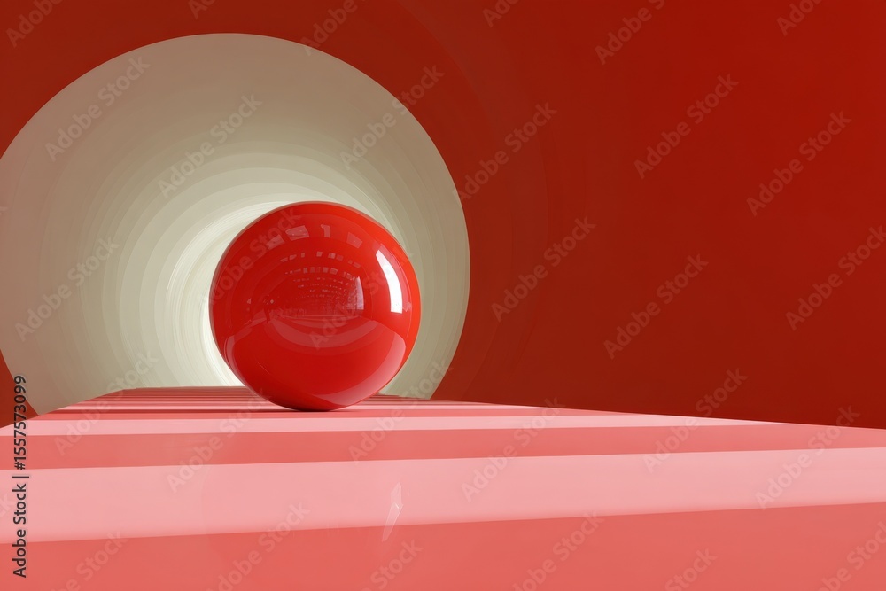 Poster Abstract Minimalist Image of a Bright Red Glossy Sphere Sitting on a Pink Surface with a Circular Light Effect and Red Background