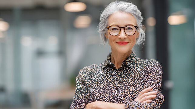 Portrait of senior business woman holding digital tablet while standing at office.Portrait of gray-haired mature woman in working on laptop. - Powered by Adobe