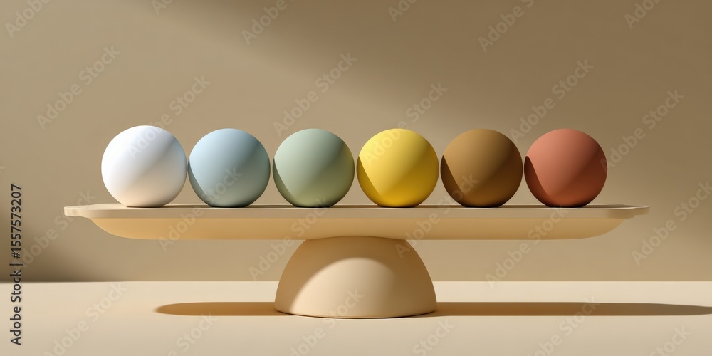 Poster Elegant Minimalist Display of Six Colorful Spheres On Wooden Platform With Soft Shadow Against Neutral Background