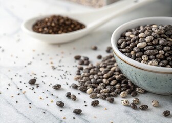 Intricate patterns of black and grey speckled chia seeds closeup photography natural environment studio setting extreme detail capture
