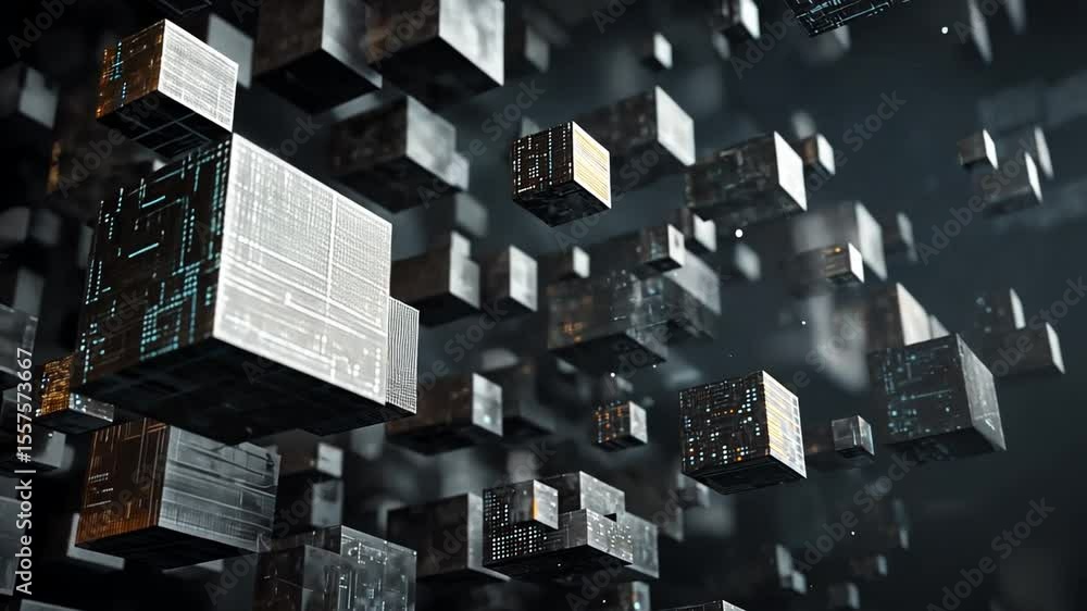 Aufkleber Floating Tech Cubes: An array of metallic cubes with intricate circuit patterns floats in a dark space, evoking a sense of technology and data.