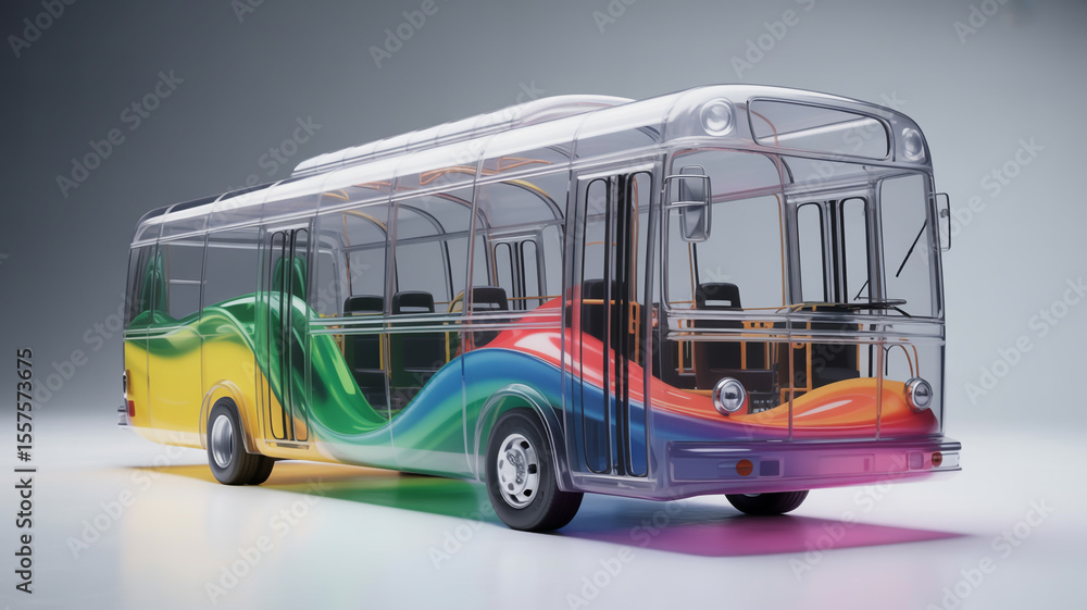 Poster a transparent bus with colorful paint swirls on a light gray background in a studio setting