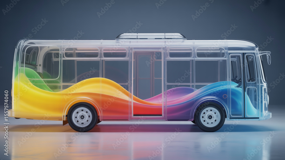 Poster a transparent bus filled with a rainbow gradient on a reflective surface with a gray background