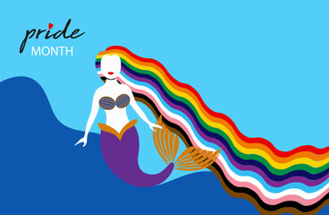 Pride month concept, mermaid with long rainbow hair, waves flag. Banner Pride symbol, LGBTQIA+, sexual minorities, gays and lesbians. Background Love is love, colorful icon isolated, marine template