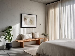 Fototapeta premium A white bed with a wooden bench and a potted plant in front of it. The bench is covered with pillows and a vase is placed on it