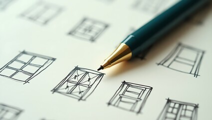 A green pen lies on a page with drawings of doors