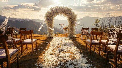 Scenic wedding setup with floral arch