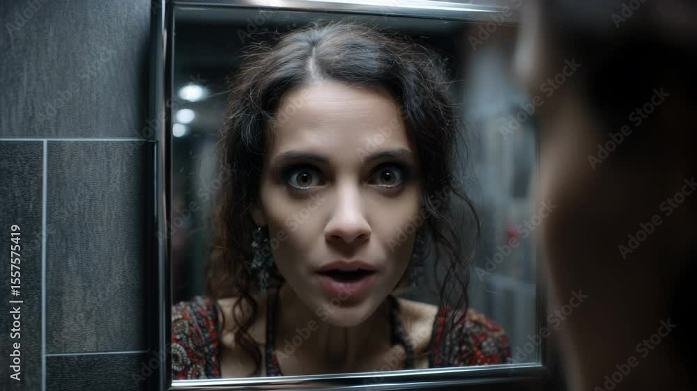 Poster woman with surprised expression reflected in mirror in room with dark tiled walls and soft lighting
