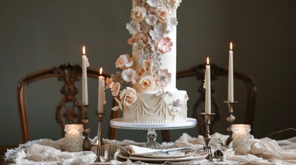 Elegant cake display with floral decorations.