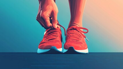 Person tying red running shoes.